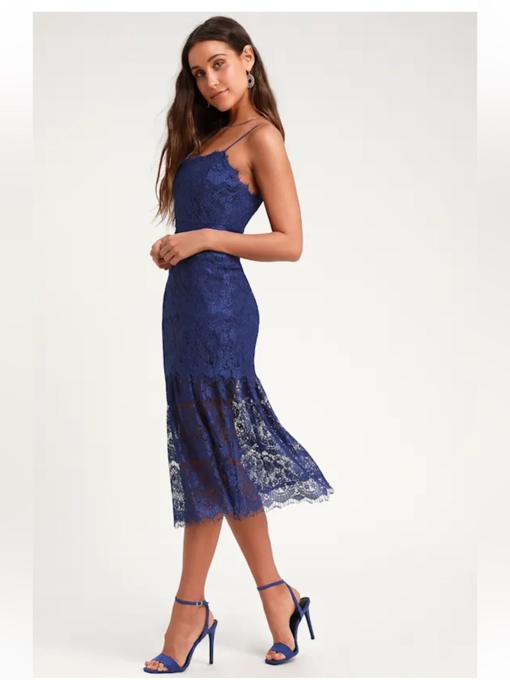 Lulu's Wagner Royal Blue eyelash Lace party Dress Spaghetti Straps tiered midi M